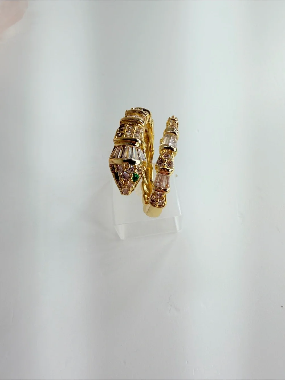 Gold Serpent-Style Ring with  Green Crystal Accents